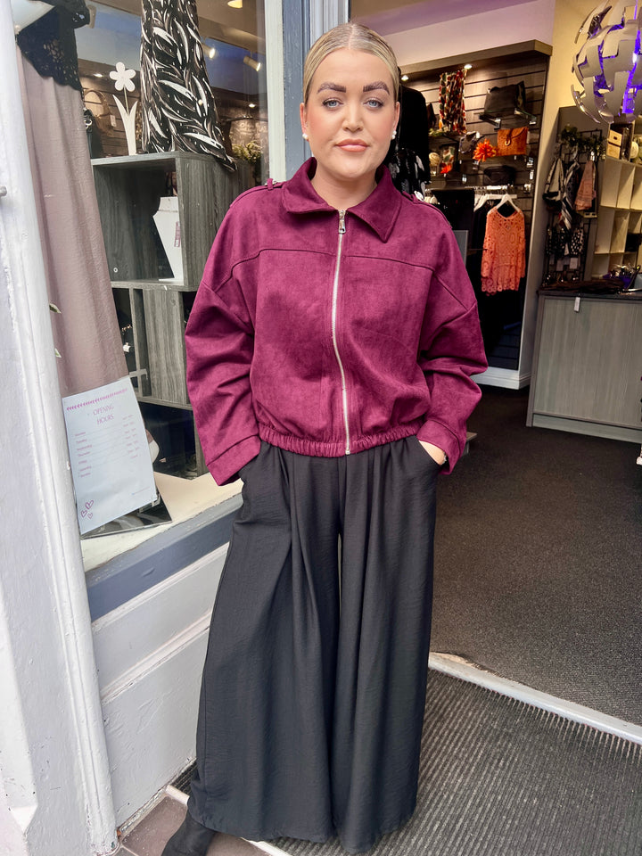 Tara Suede Bomber Jacket BURGUNDY