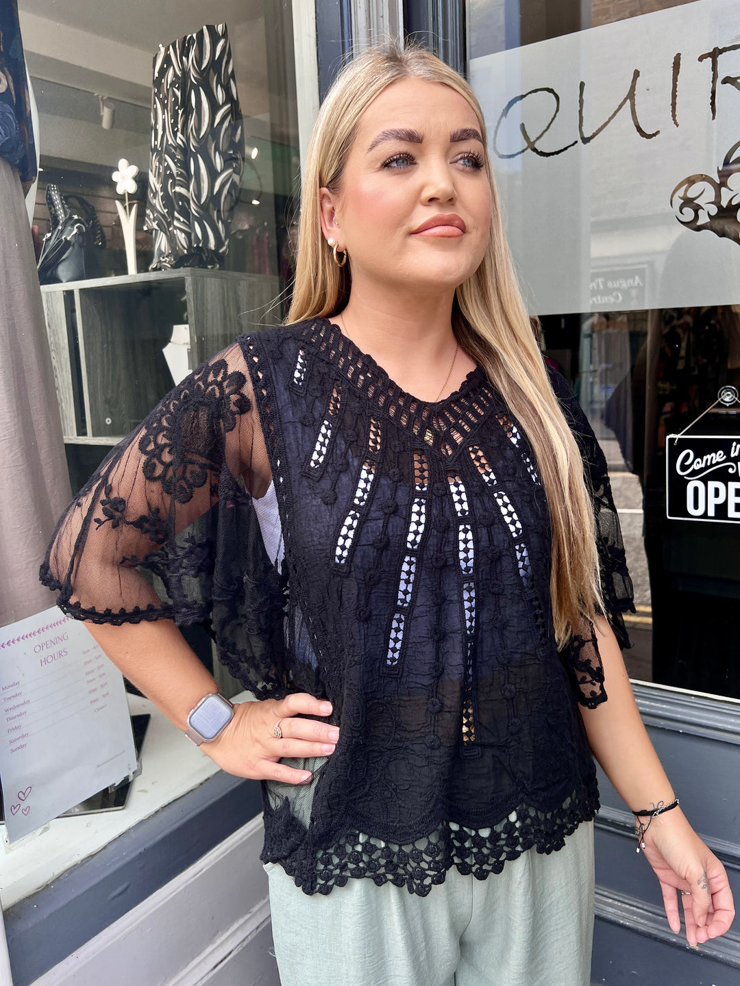 Suzi Embroidered Lace Sleeve Top BLACK