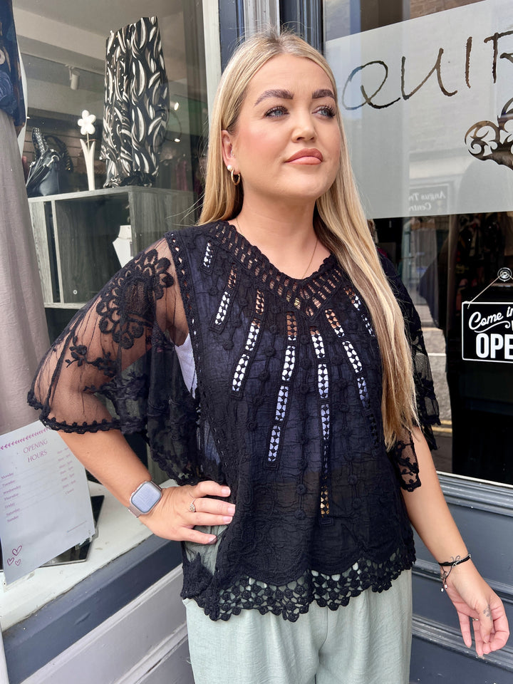 Suzi Embroidered Lace Sleeve Top BLACK