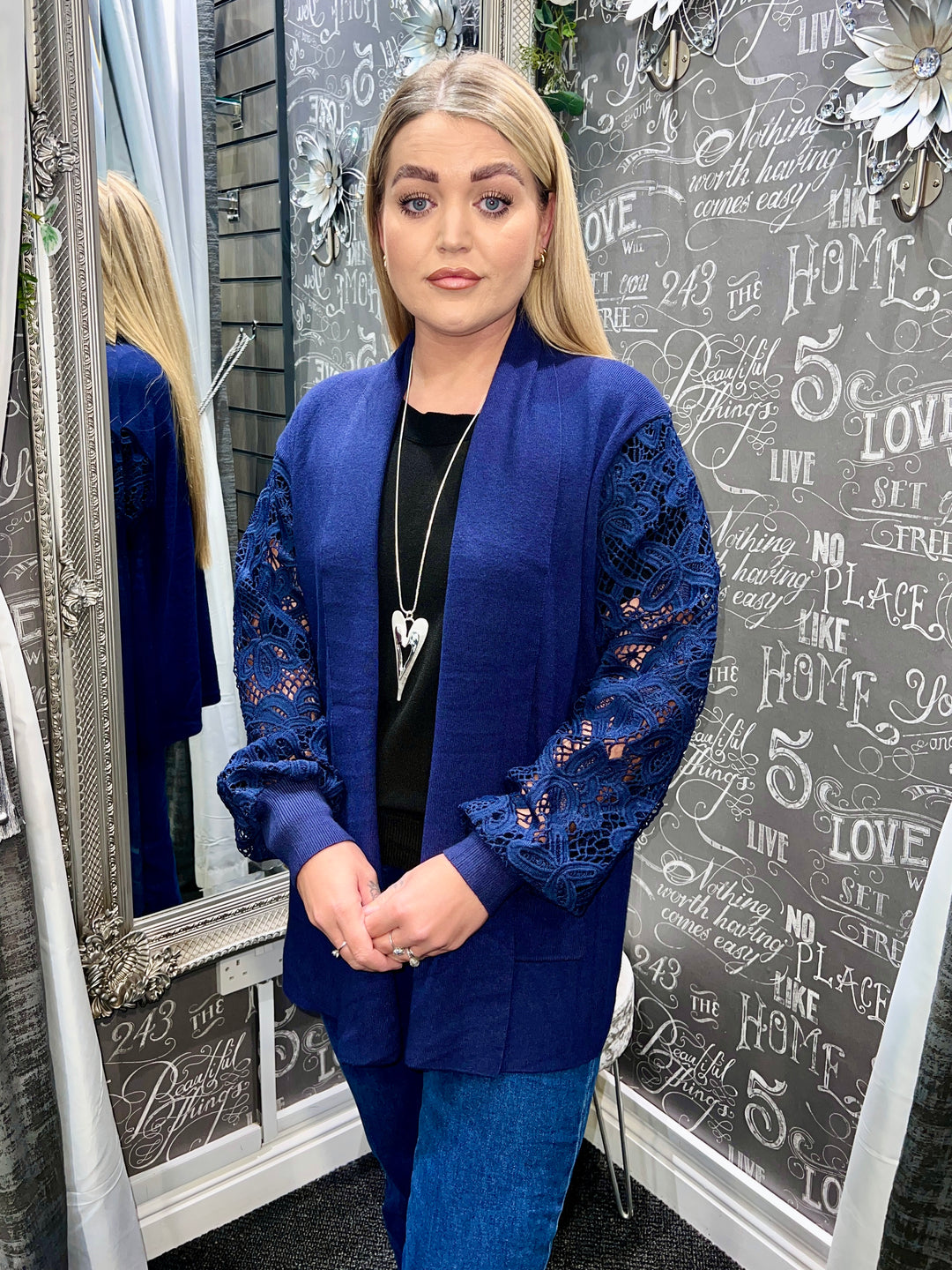Rhianna Guipure Lace Sleeve Cardigan NAVY