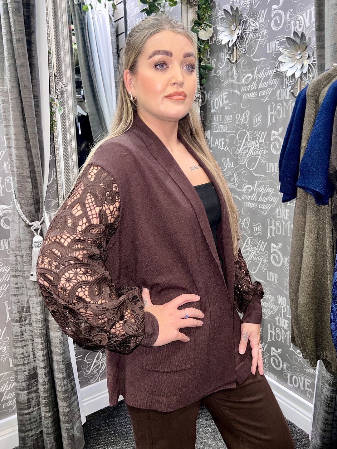 Rhianna Guipure Lace Sleeve Cardigan BROWN