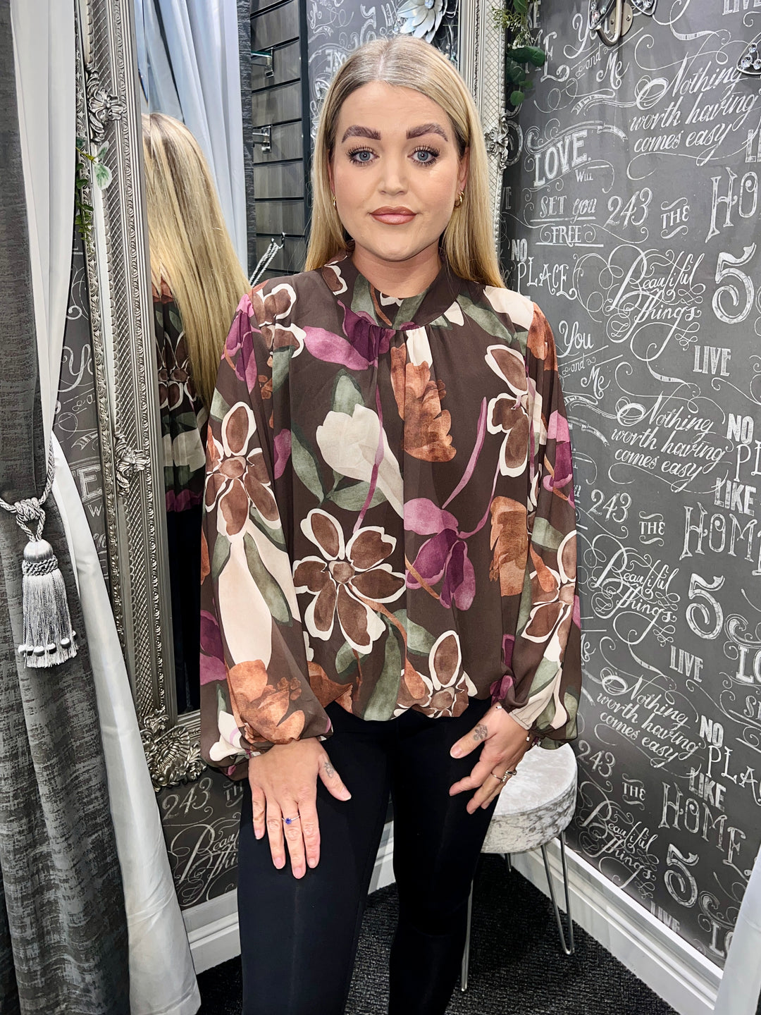 Amelia Floral Bubblehem Blouse CHOCOLATE