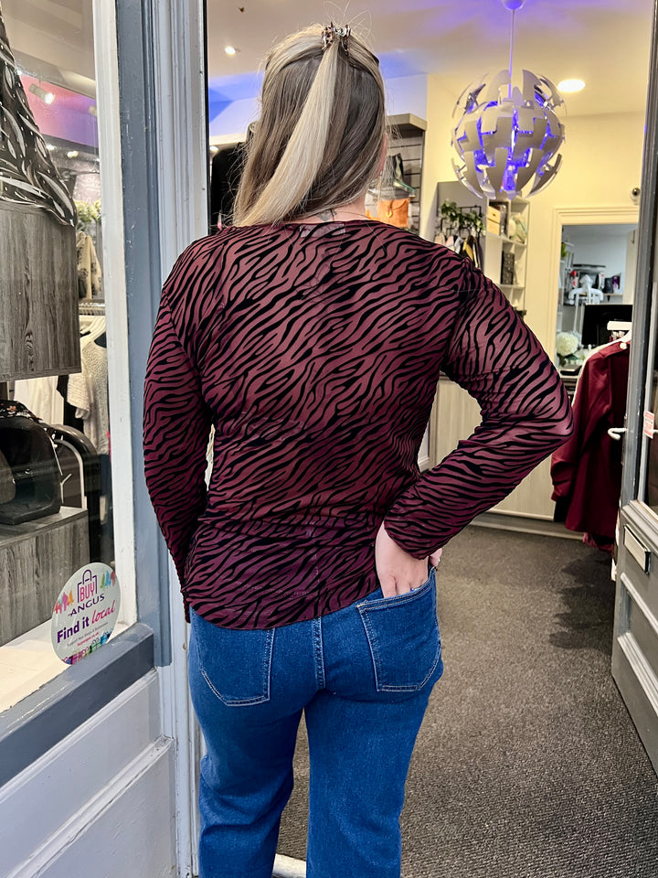 Josie Zebra Print Lined Mesh Top BURGUNDY
