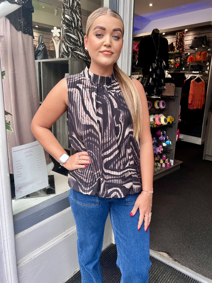 Zebra Stripe Bubble Hem Sleeveless Blouse