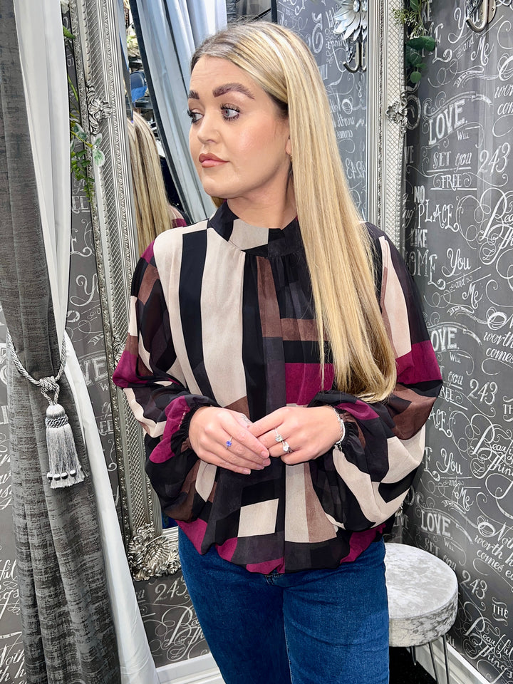 Kari Geometric Block Print Bubblehem Blouse
