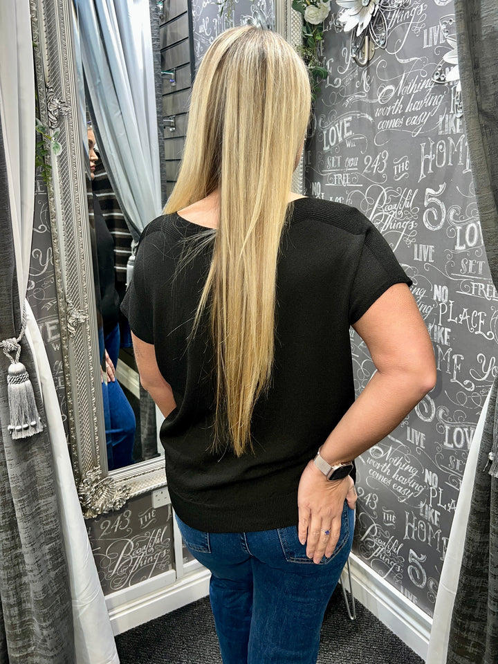 Jenna Fine Knit Short Sleeve Top BLACK