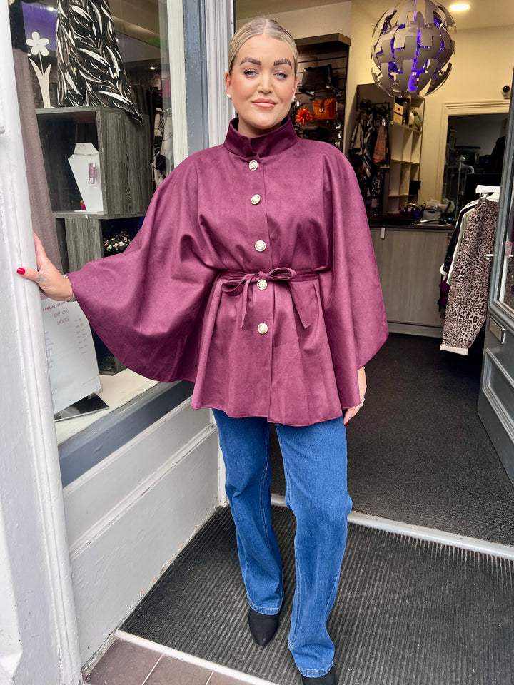 Savannah Suede Belted Cape BERRY