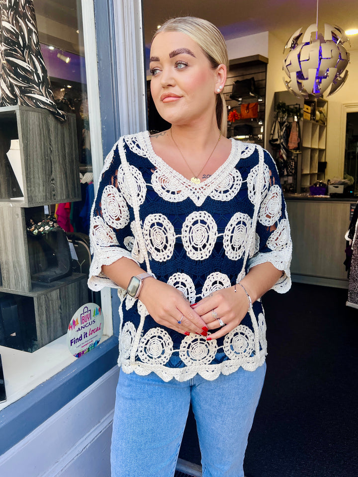 Alice V-Neck Crochet Top NAVY