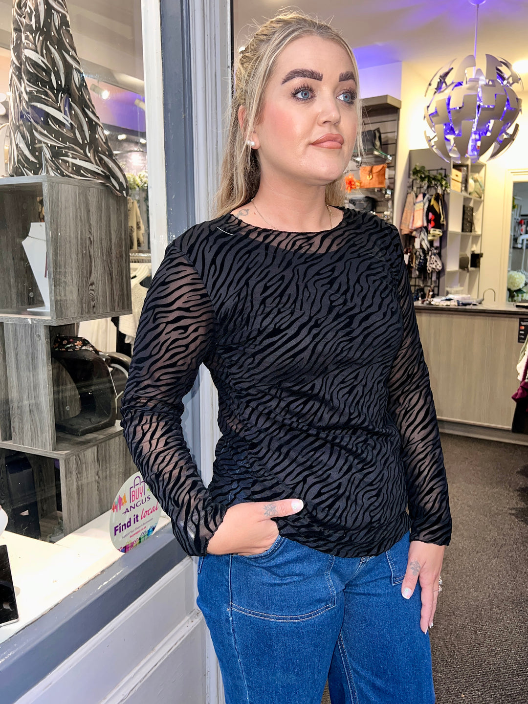 Josie Zebra Print Lined Mesh Top CHARCOAL
