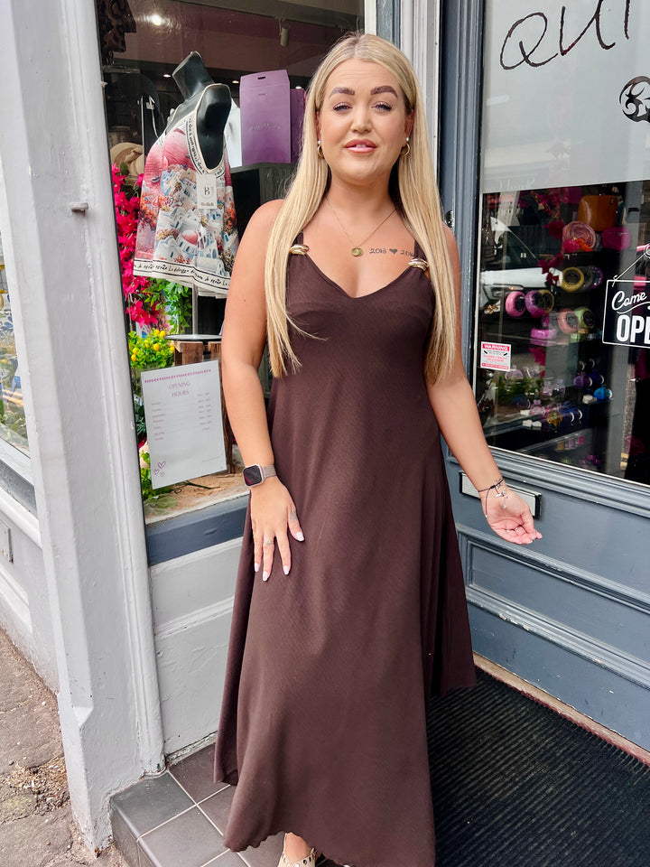 Aria Gold Buckle Maxi Dress CHOCOLATE