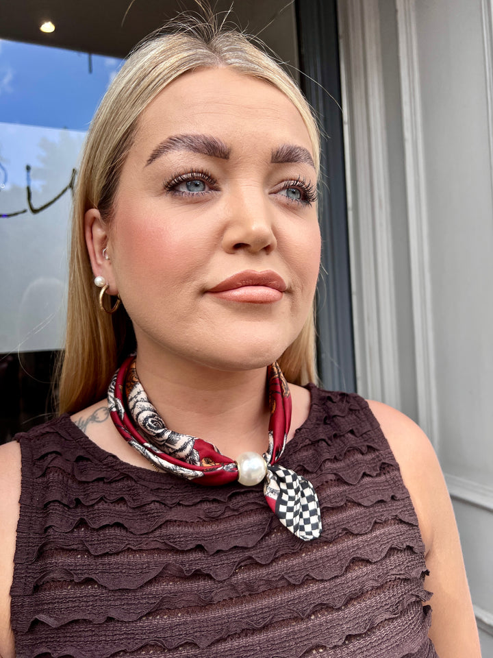 Iris Floral/Chequered Magnetic Scarf WINE