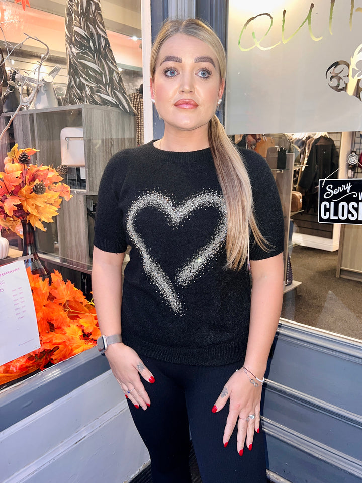 Thea Diamante Embossed Heart Knit BLACK