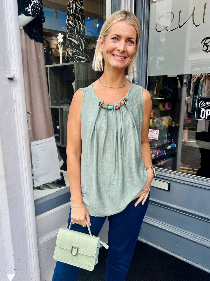 Lilly Beaded Neck Top KHAKI