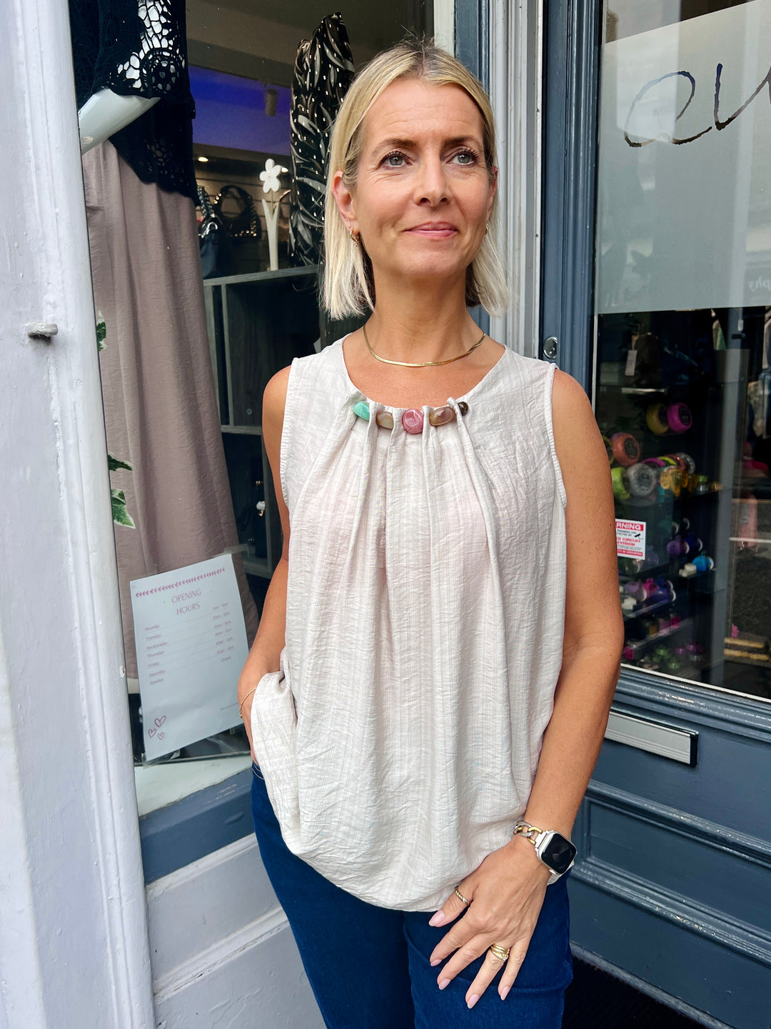 Lilly Beaded Neck Top BEIGE