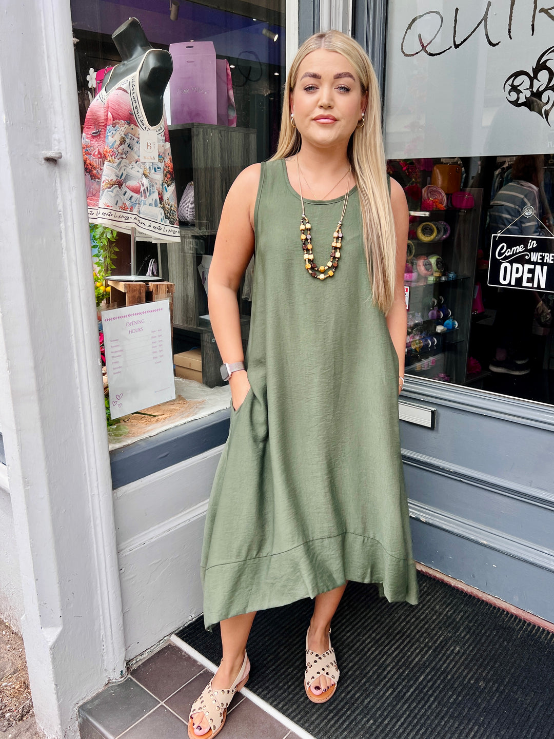 Indie Sleeveless Maxi Dress With Necklace KHAKI