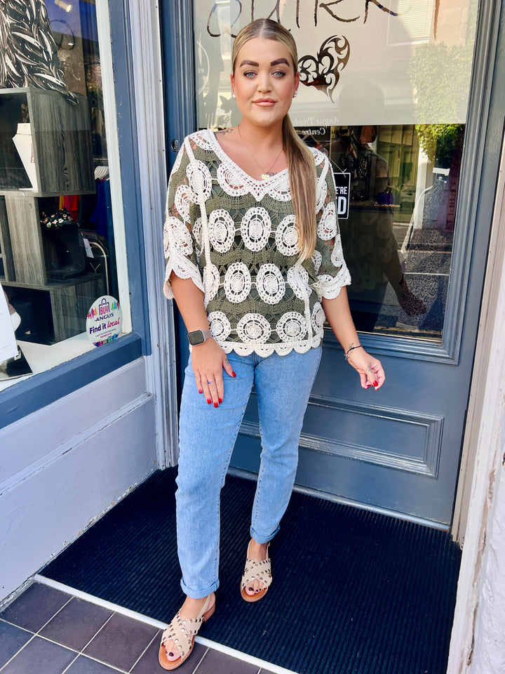 Alice V-Neck Crochet Top KHAKI