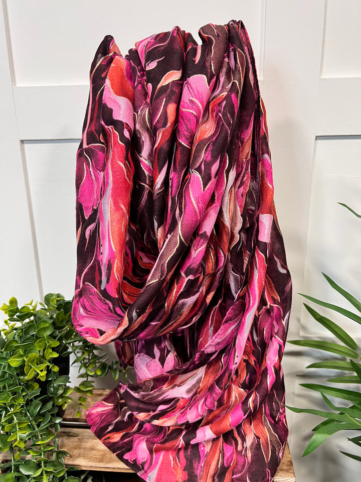 Swirl Leaf Foil Scarf PINK - Thin Scarf