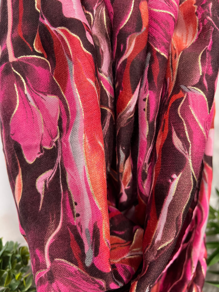 Swirl Leaf Foil Scarf PINK - Thin Scarf