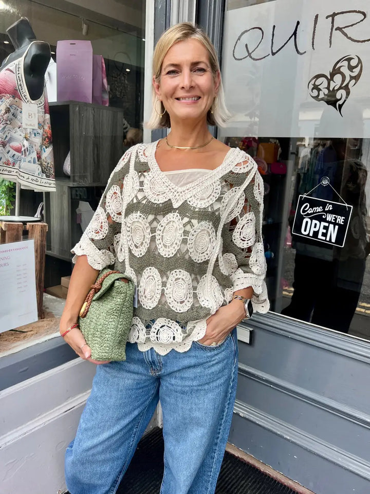 Alice V-Neck Crochet Top KHAKI