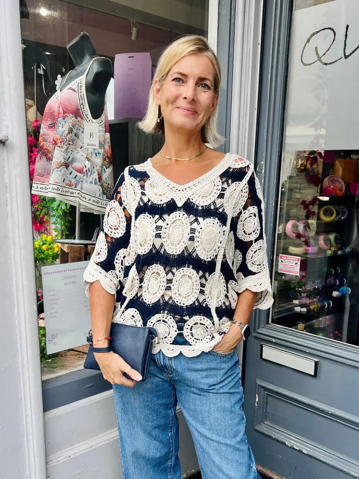 Alice V-Neck Crochet Top NAVY