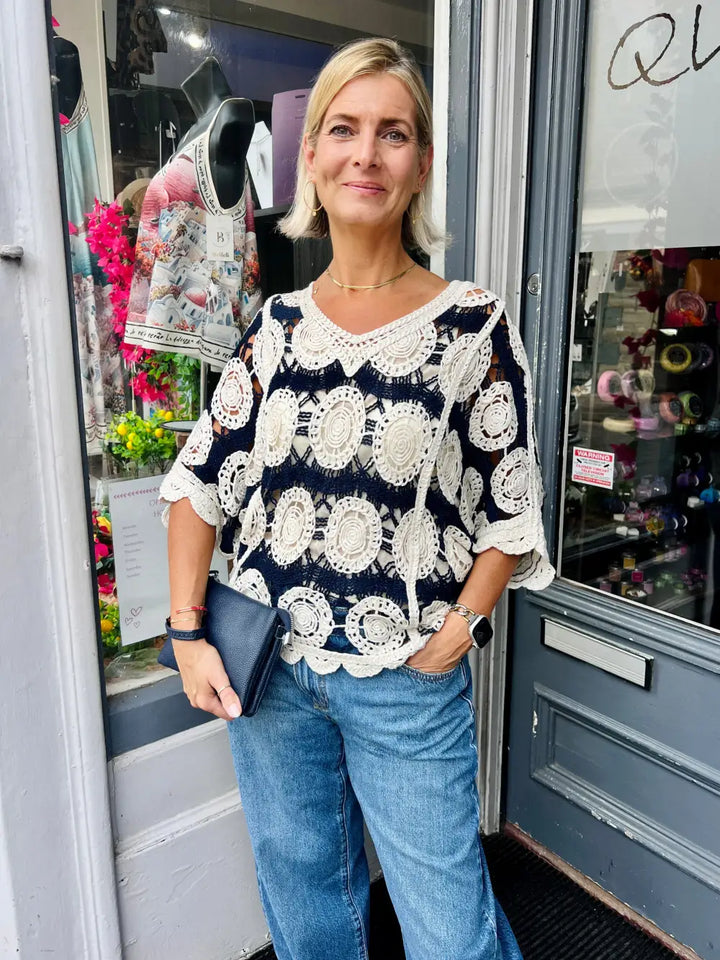 Alice V-Neck Crochet Top NAVY