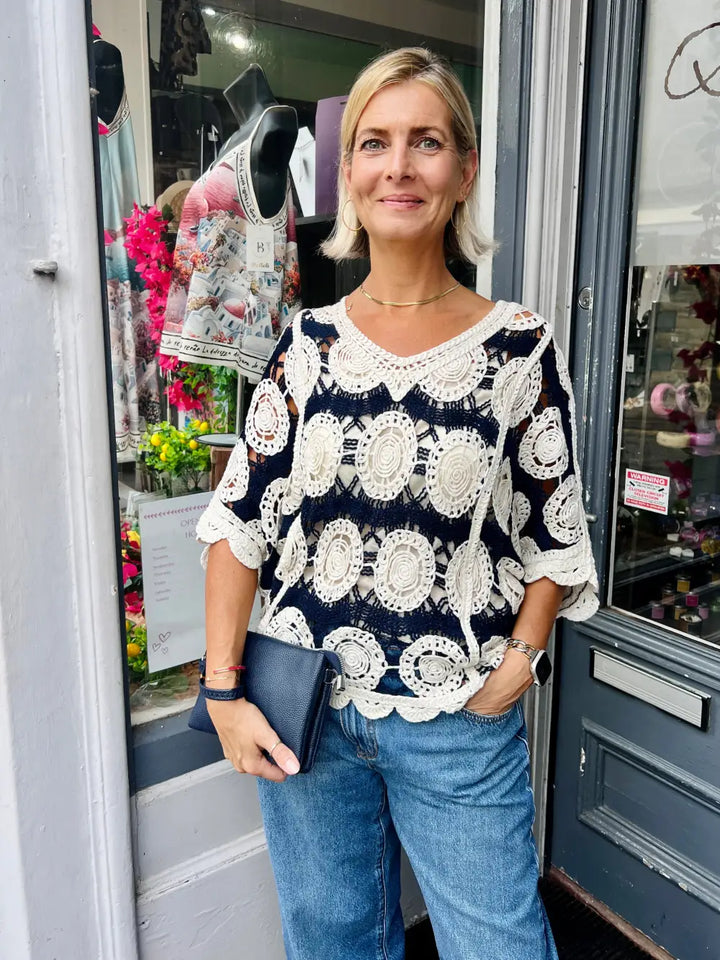 Alice V-Neck Crochet Top NAVY