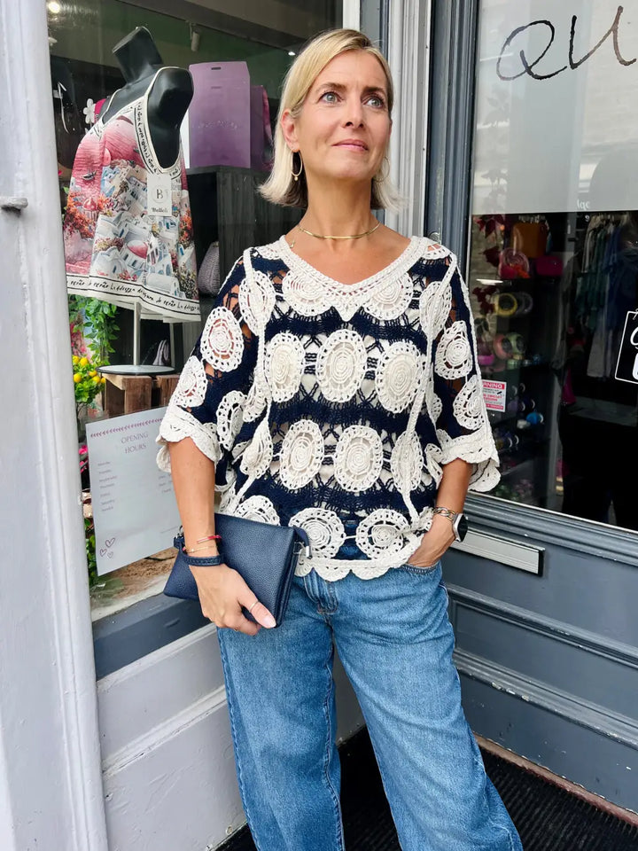 Alice V-Neck Crochet Top NAVY