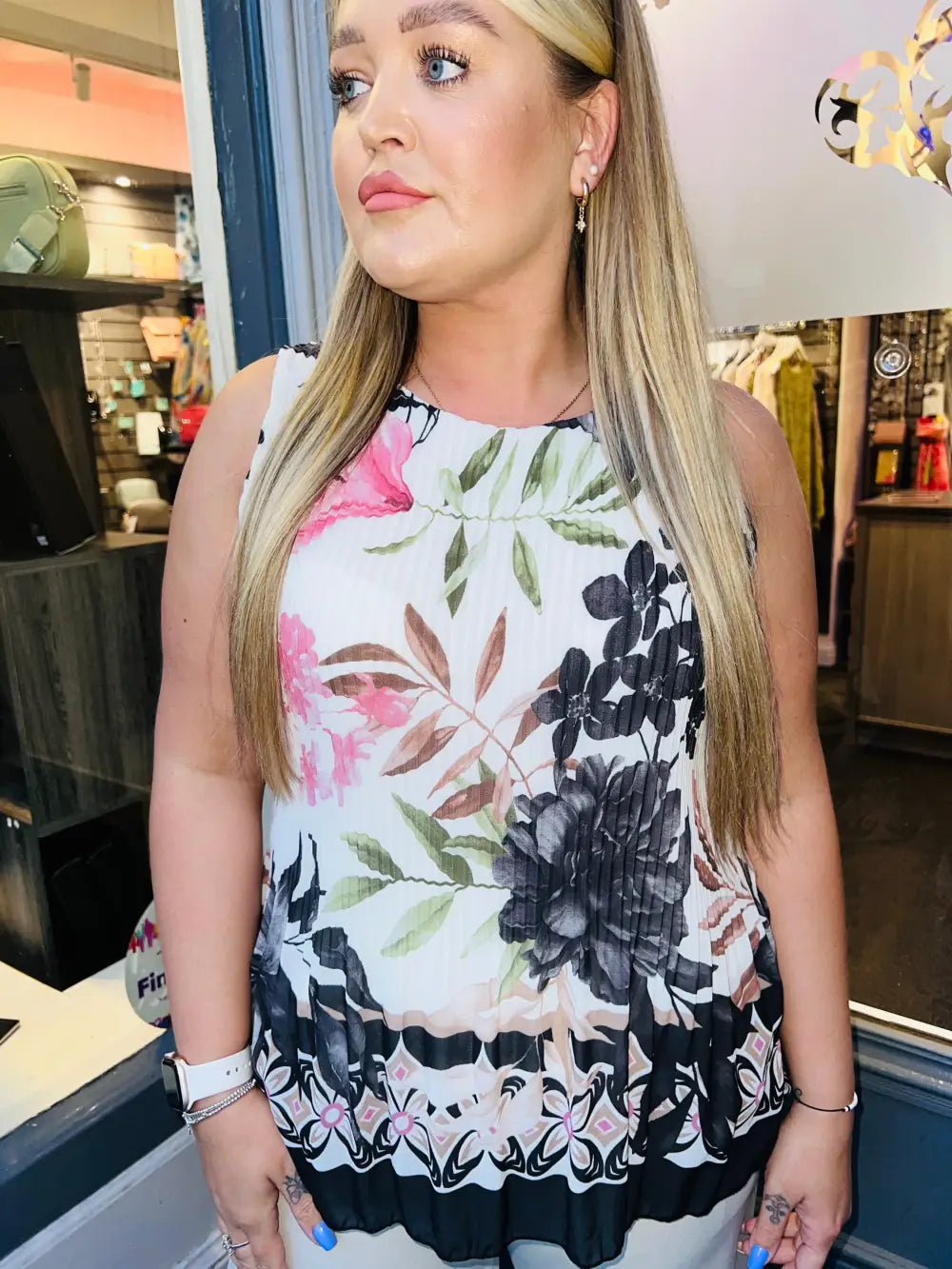 Alyssa Pleated Floral Vest Top BLACK
