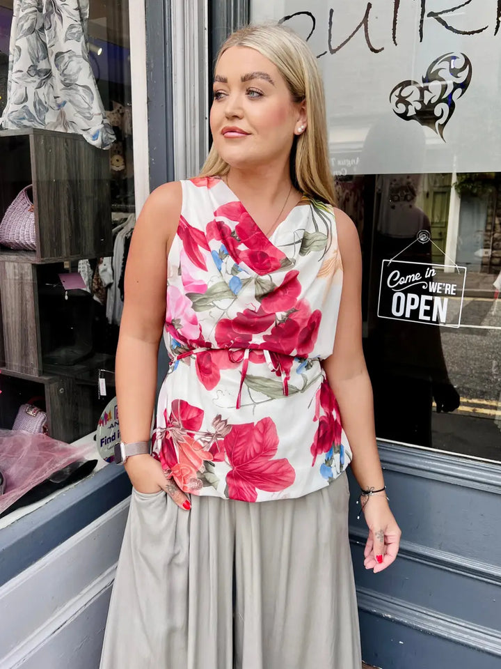 Amelia Floral Bubblehem Vest Top RED
