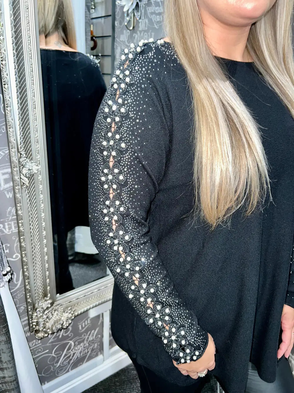 Amelia Pearl Lace Sleeve Jumper BLACK