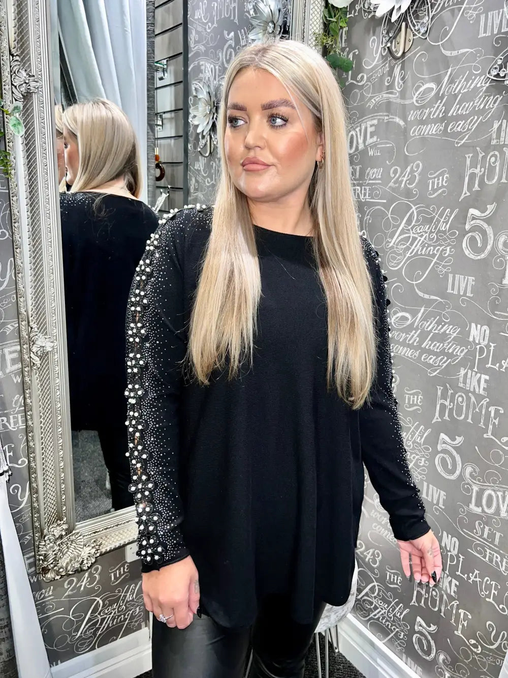 Amelia Pearl Lace Sleeve Jumper BLACK