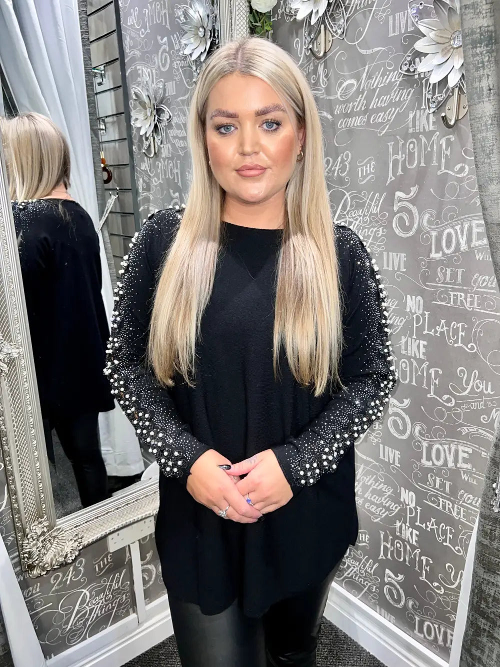 Amelia Pearl Lace Sleeve Jumper BLACK