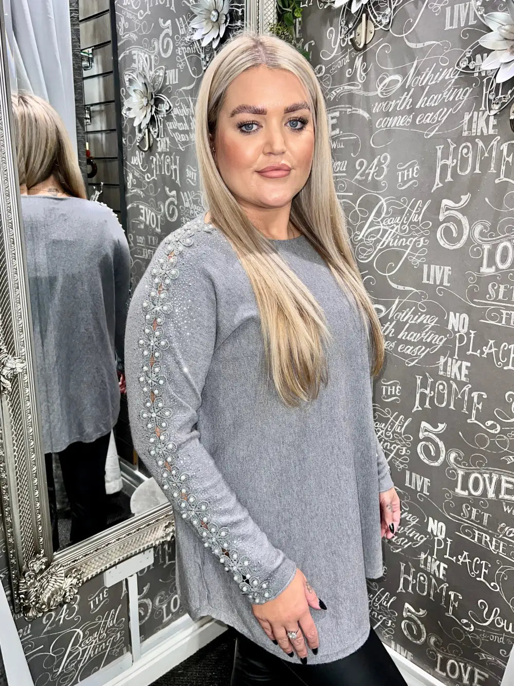 Amelia Pearl Lace Sleeve Jumper GREY