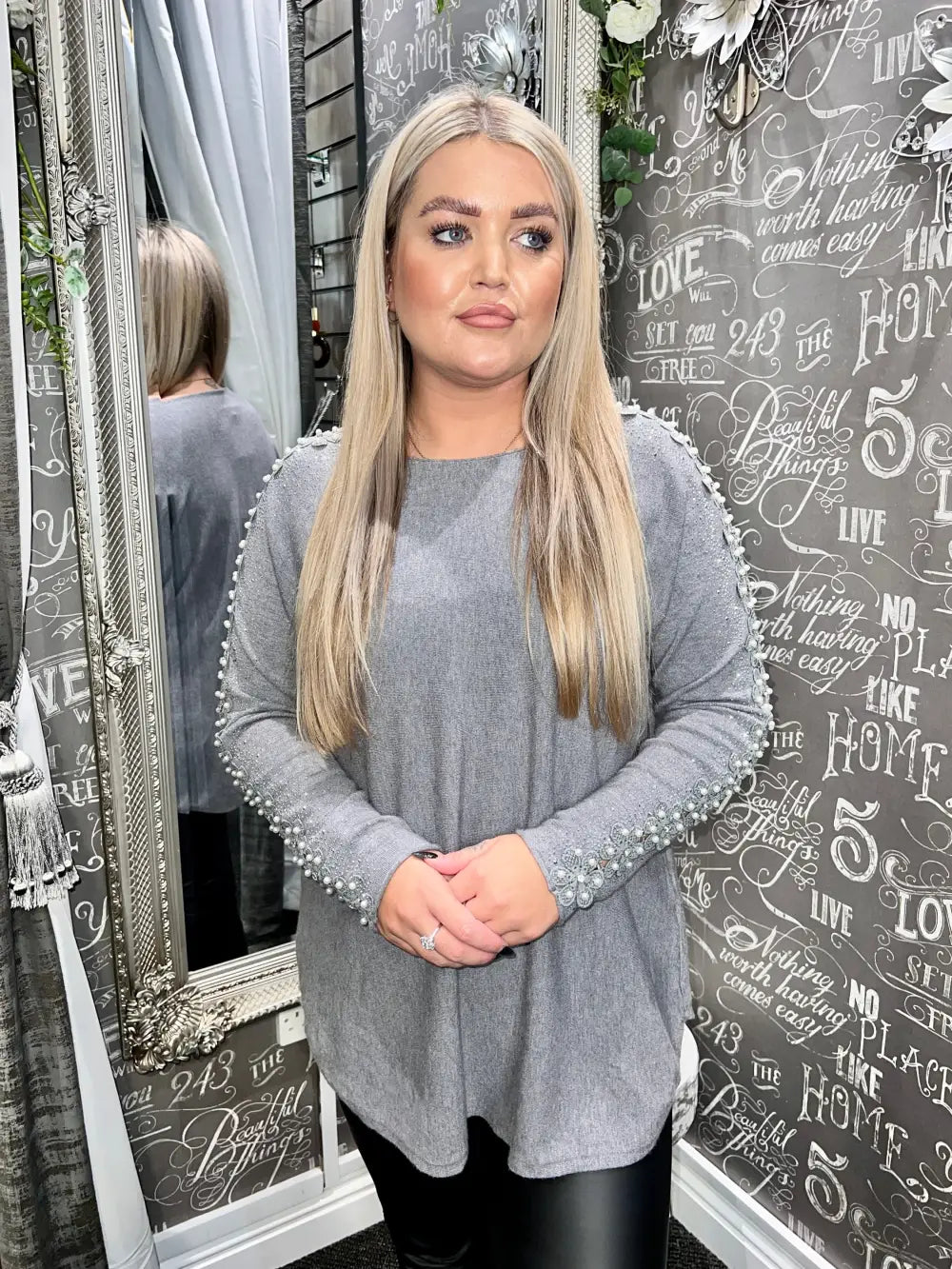 Amelia Pearl Lace Sleeve Jumper GREY