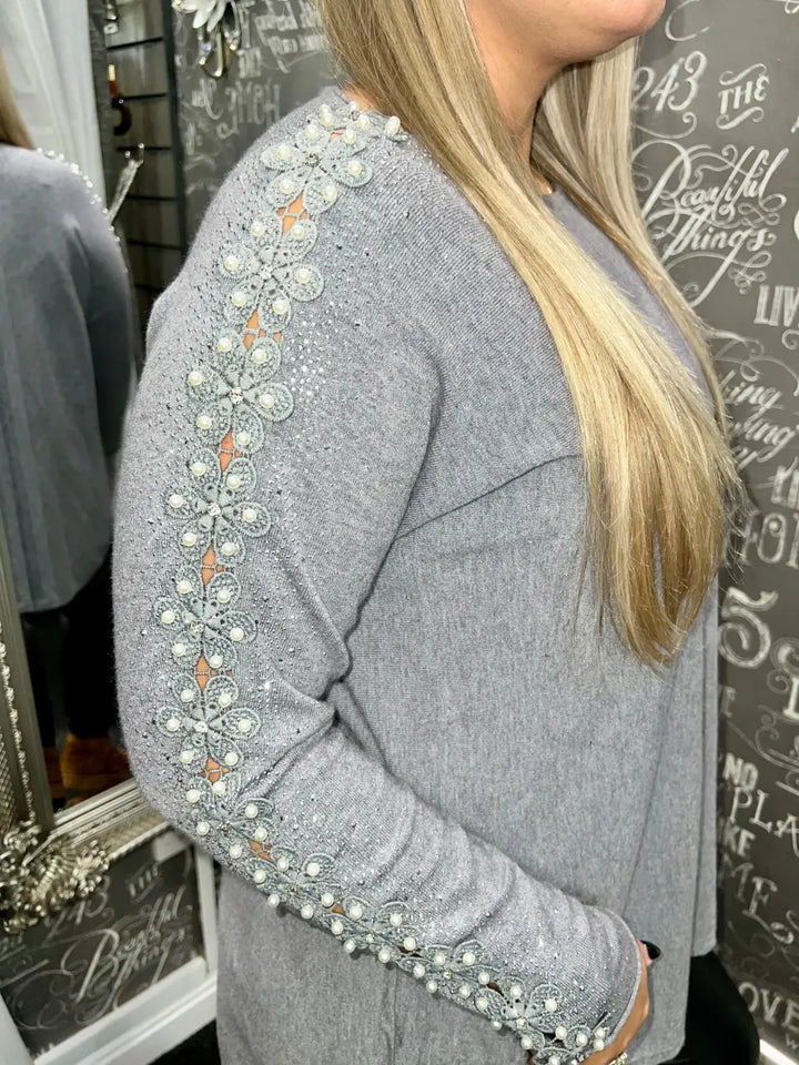 Amelia Pearl Lace Sleeve Jumper GREY