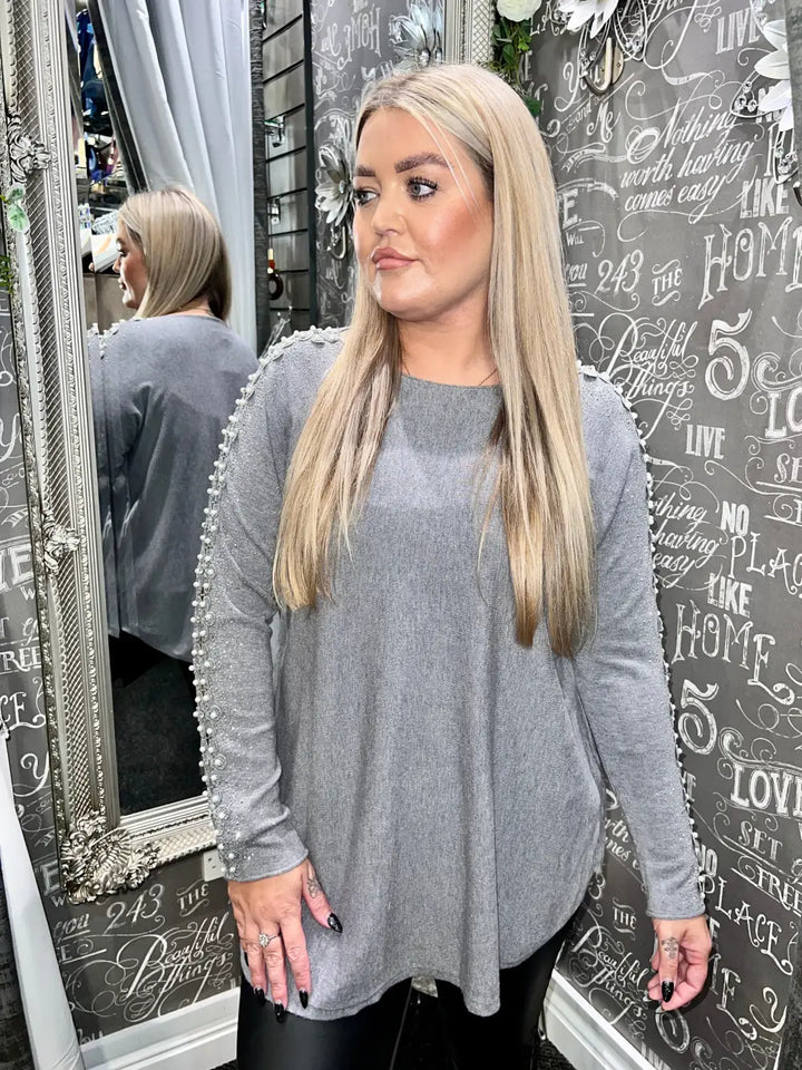 Amelia Pearl Lace Sleeve Jumper GREY
