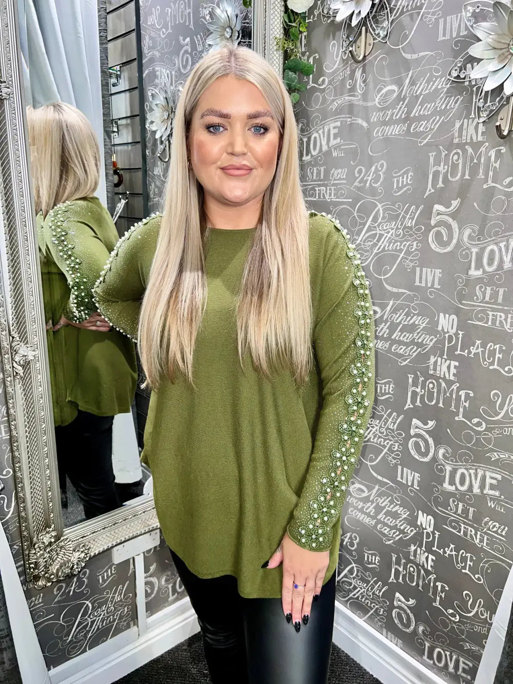 Amelia Pearl Lace Sleeve Jumper KHAKI