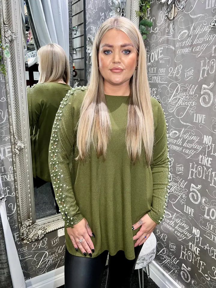 Amelia Pearl Lace Sleeve Jumper KHAKI