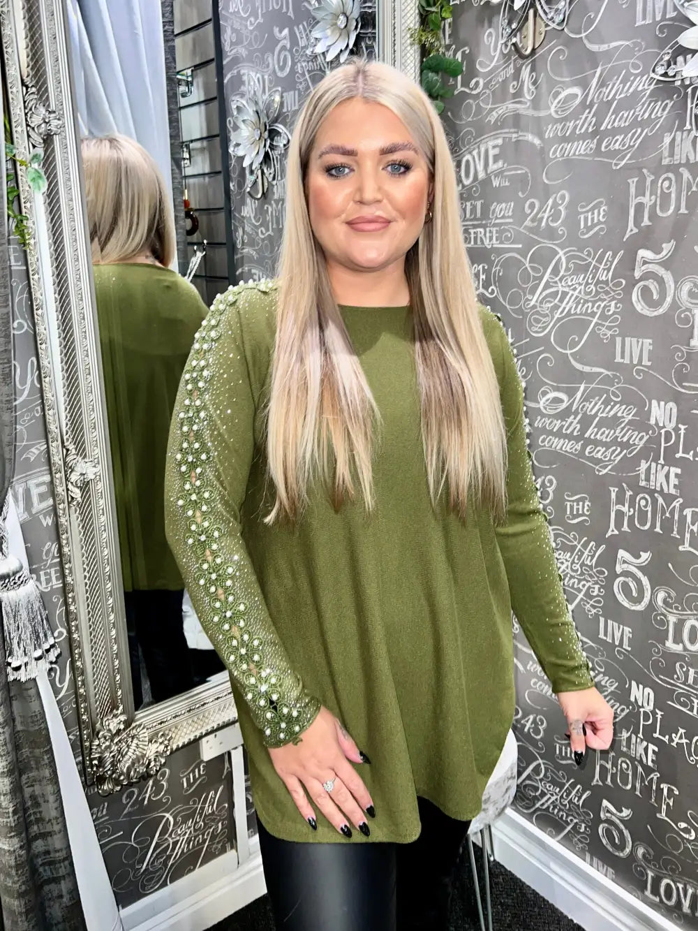 Amelia Pearl Lace Sleeve Jumper KHAKI