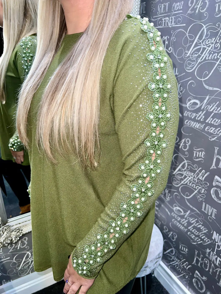 Amelia Pearl Lace Sleeve Jumper KHAKI