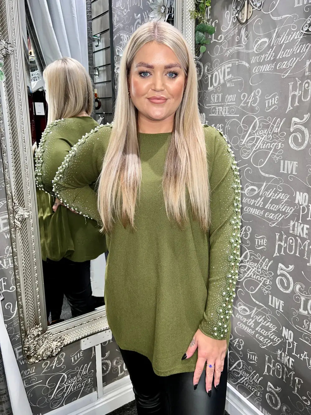 Amelia Pearl Lace Sleeve Jumper KHAKI