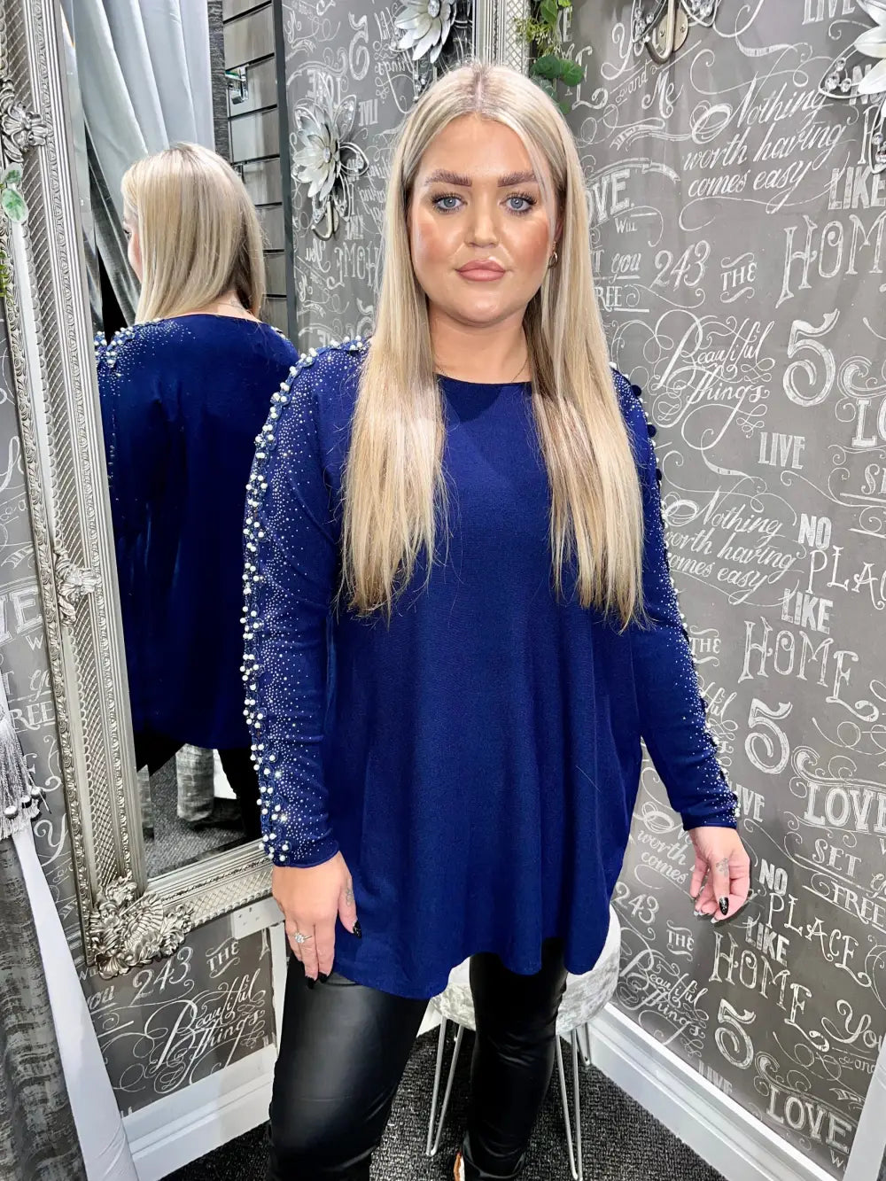 Amelia Pearl Lace Sleeve Jumper NAVY