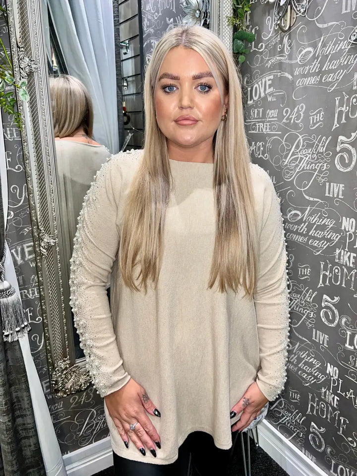 Amelia Pearl Lace Sleeve Jumper OATMEAL