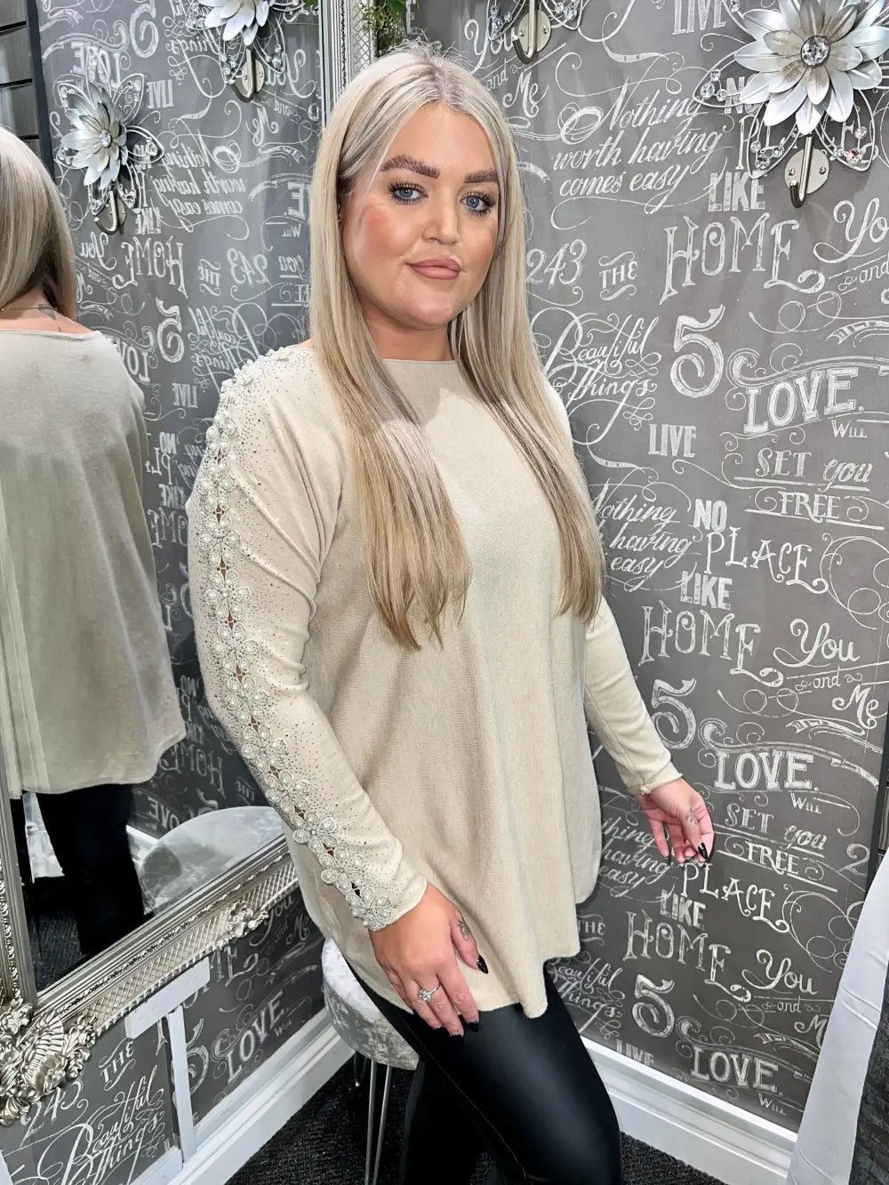 Amelia Pearl Lace Sleeve Jumper OATMEAL