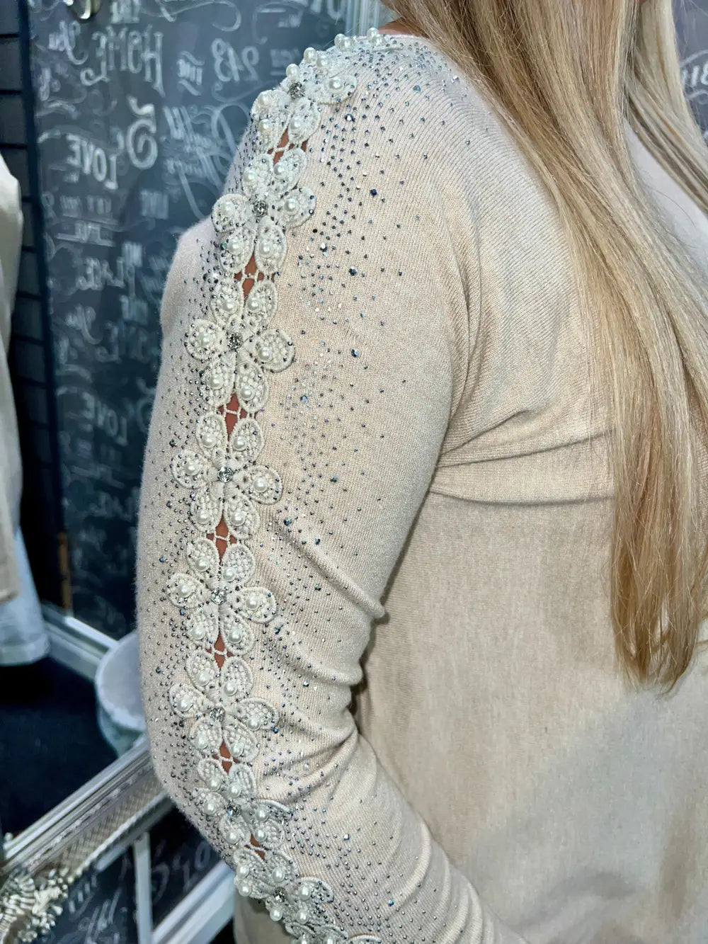 Amelia Pearl Lace Sleeve Jumper OATMEAL