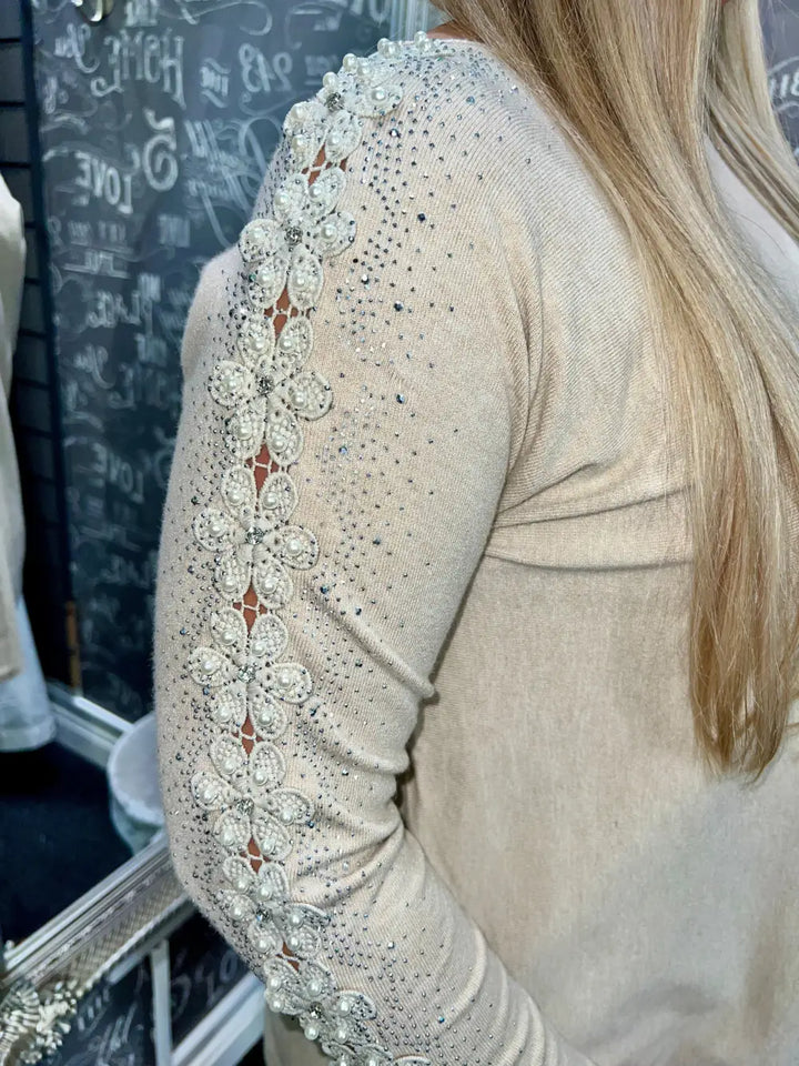 Amelia Pearl Lace Sleeve Jumper OATMEAL