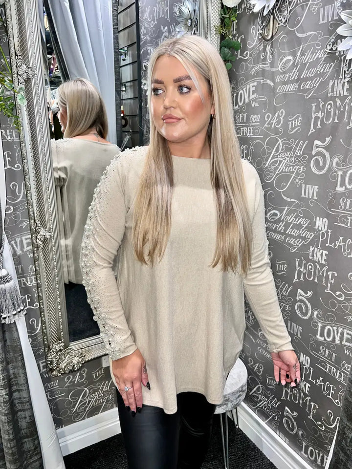 Amelia Pearl Lace Sleeve Jumper OATMEAL