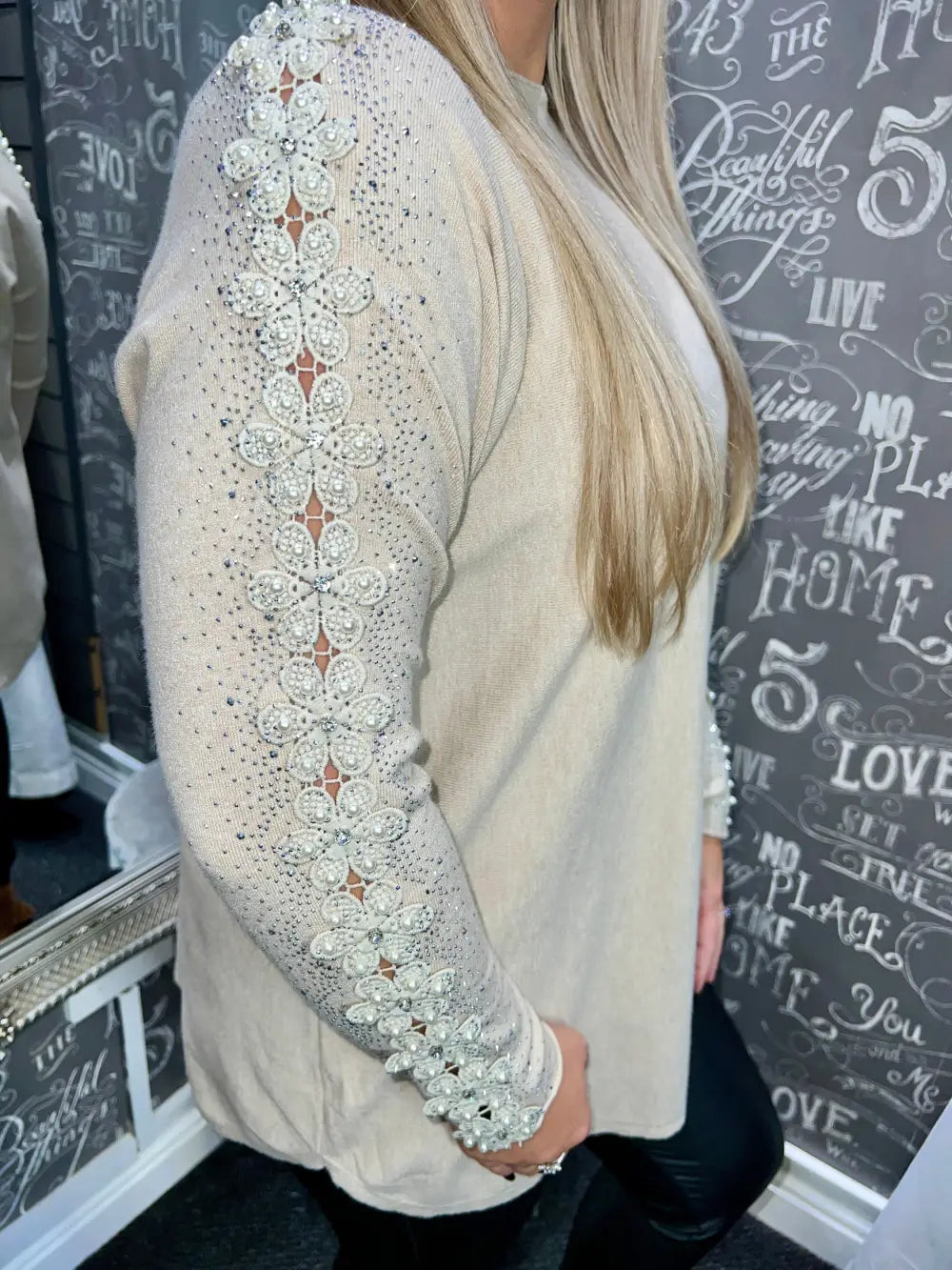 Amelia Pearl Lace Sleeve Jumper OATMEAL