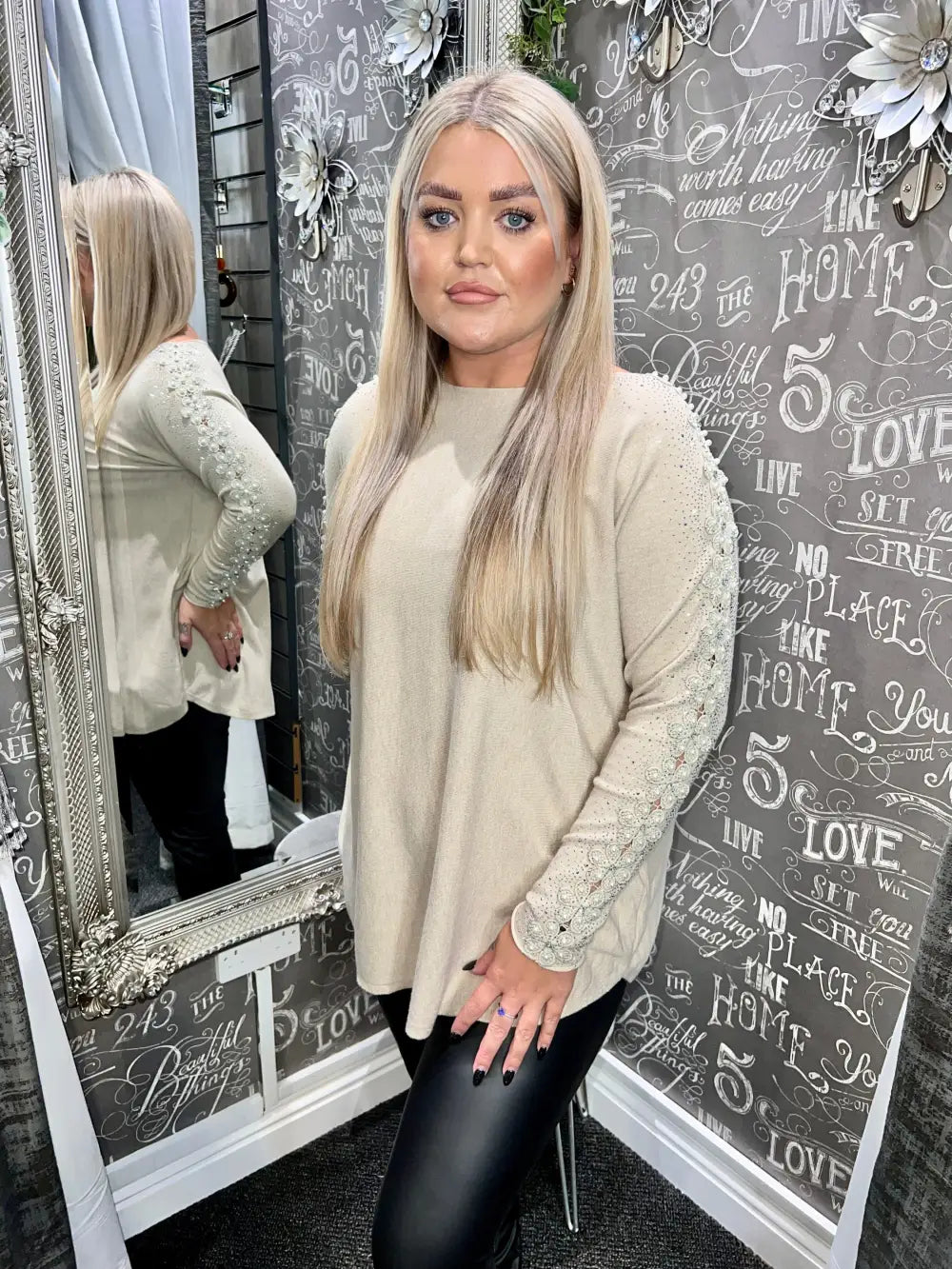 Amelia Pearl Lace Sleeve Jumper OATMEAL