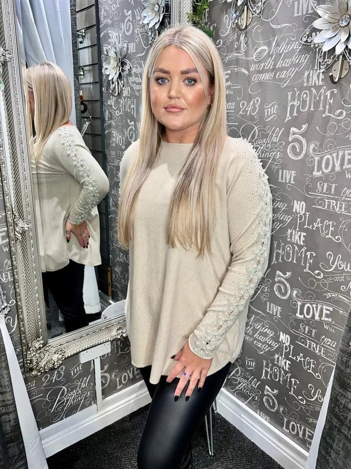 Amelia Pearl Lace Sleeve Jumper OATMEAL